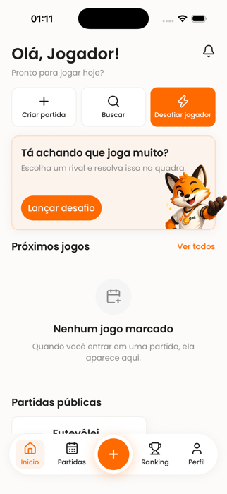 Tela inicial do app Desafiaê para jogadores