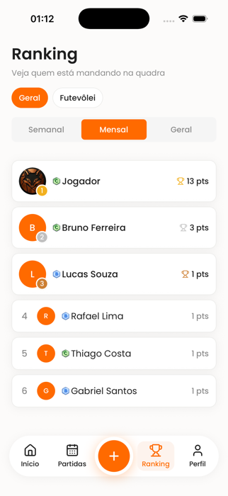 Ranking de jogadores no app Desafiaê